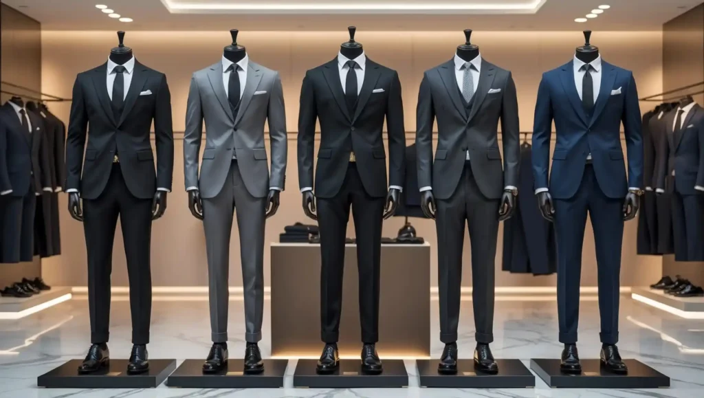 Mannequins display five elegant suits in varying shades of black, gray, and blue, each with matching ties and pocket squares, in a chic, modern store. news Complete suit price in Bangladesh