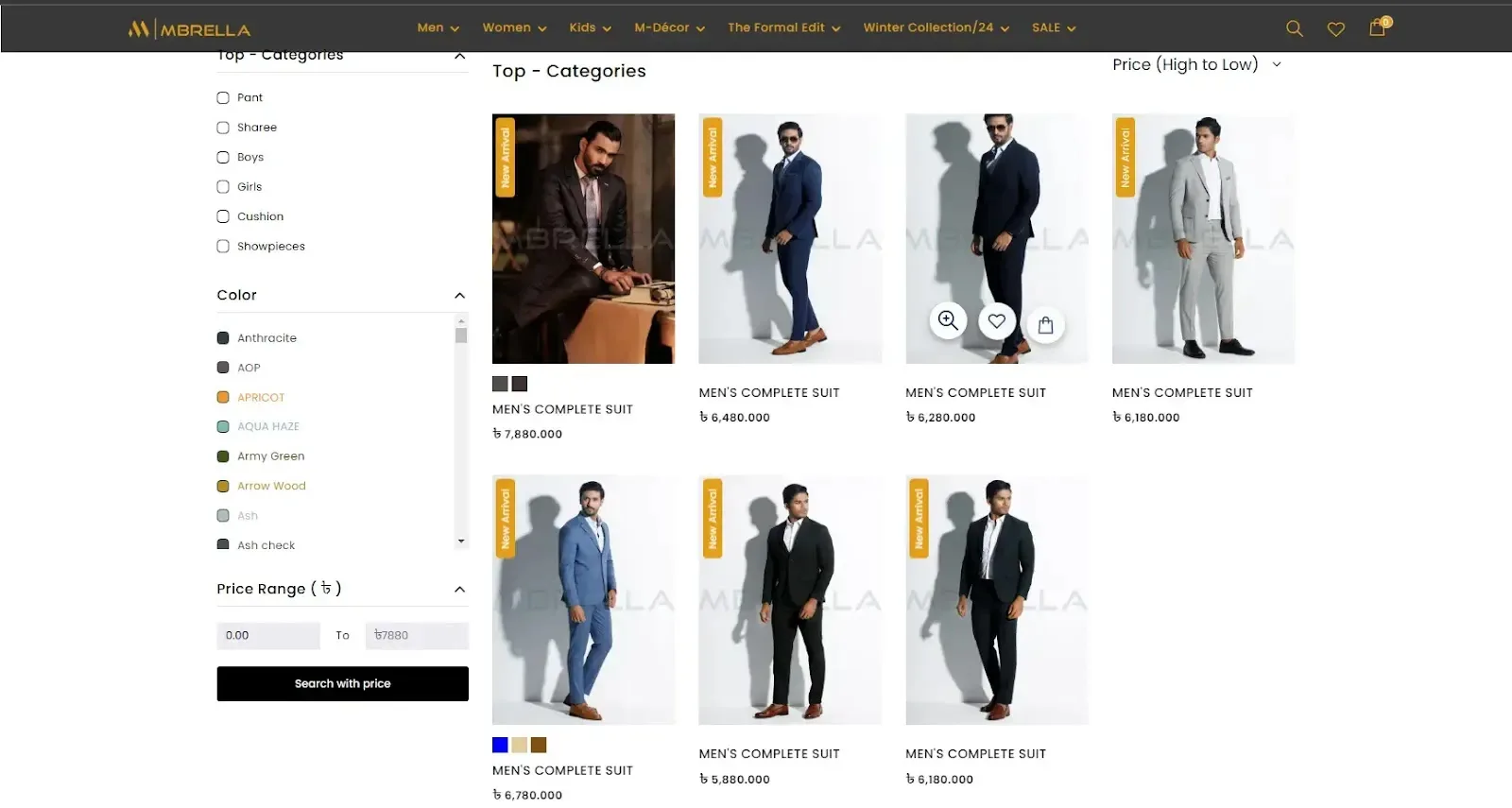 Online store's men's suit selection, showing six models in various stylish suits with price tags. Left sidebar offers filter options like color and price range.