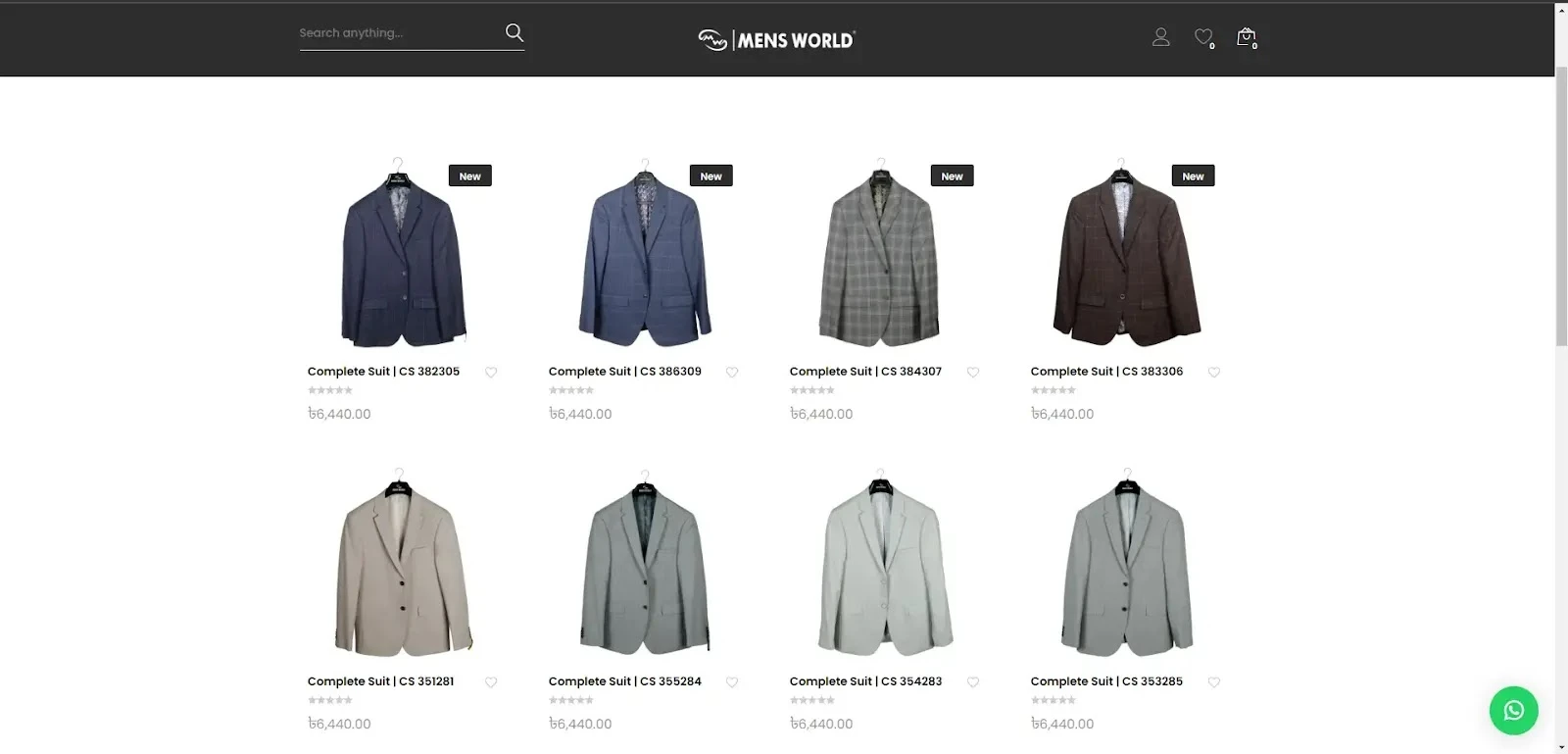 Online store page displaying eight men's suits on hangers. Suits vary in color and pattern, tagged with "New" and priced at 6,440.00. Clean, professional layout.