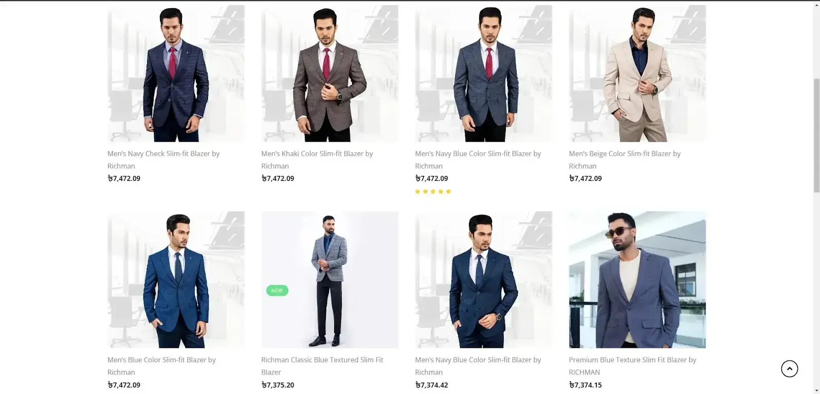 Grid of eight men's blazers showcasing various colors and textures like navy, khaki, and beige. Models exude confidence and sophistication.
