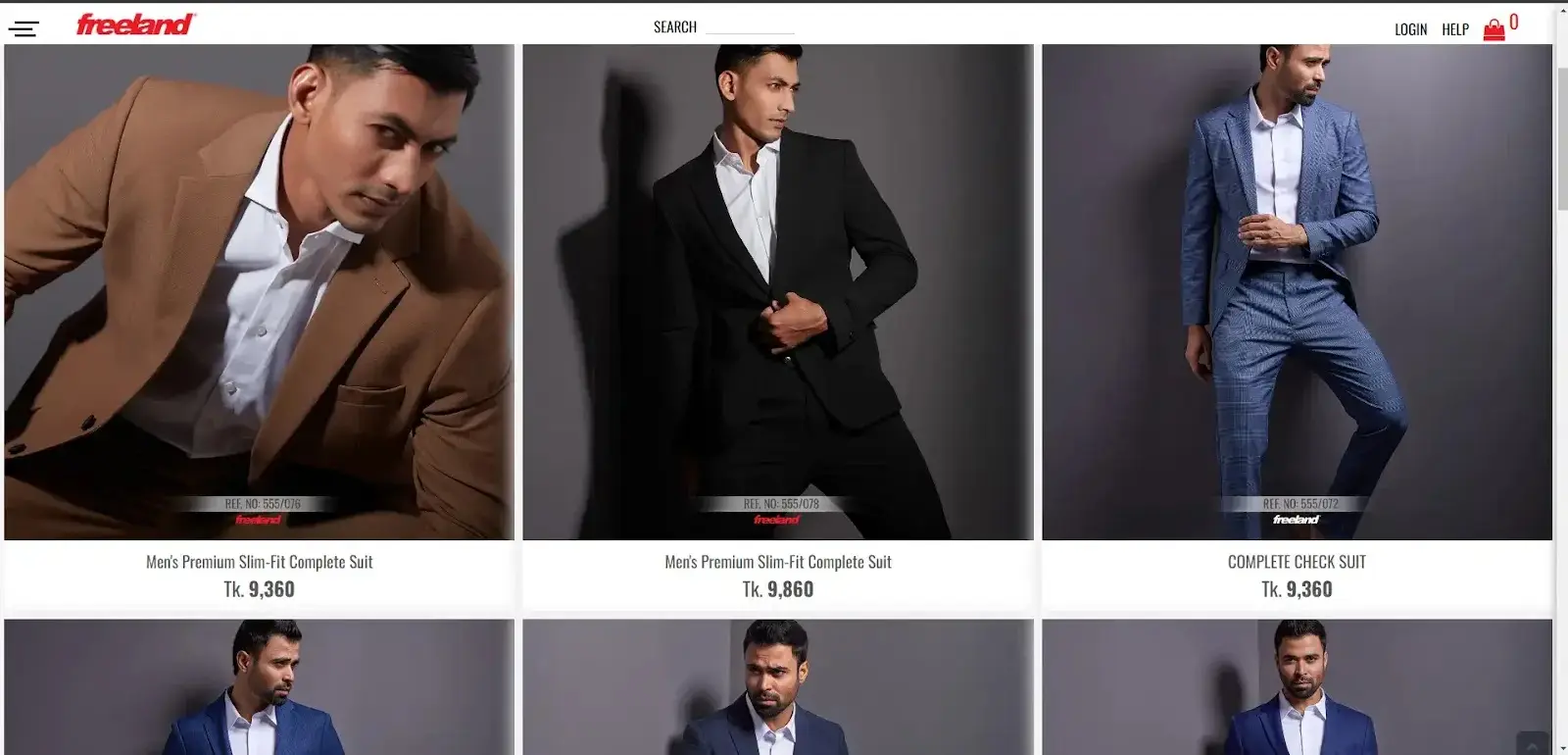 Models showcase men's suits in a fashion catalog. Suits include tan, black, and blue check designs, each paired with a crisp white shirt. The tone is stylish and sophisticated.