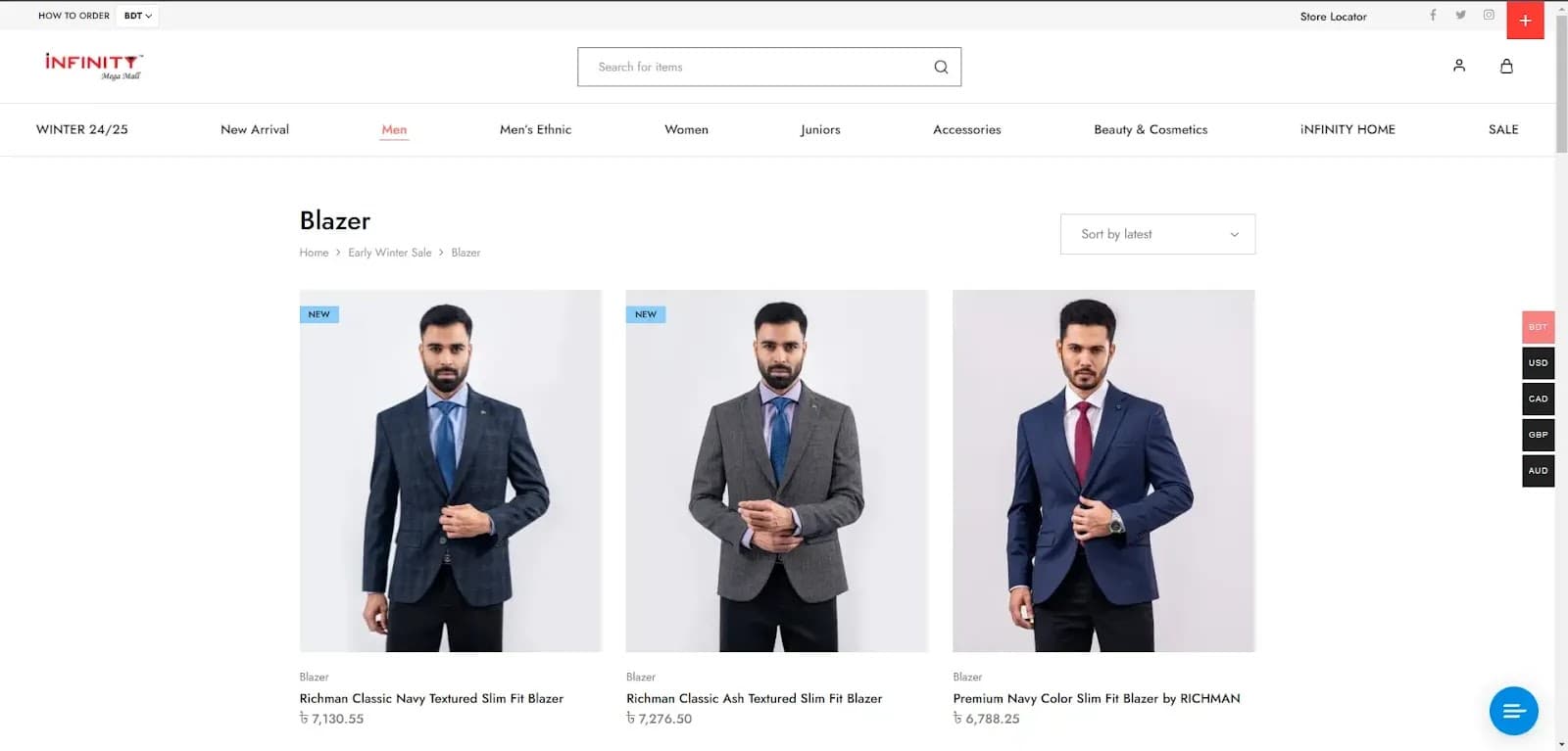 Online store page displaying three men in different slim fit blazers: navy, ash, and premium navy. Each model stands confidently, showcasing the blazers.