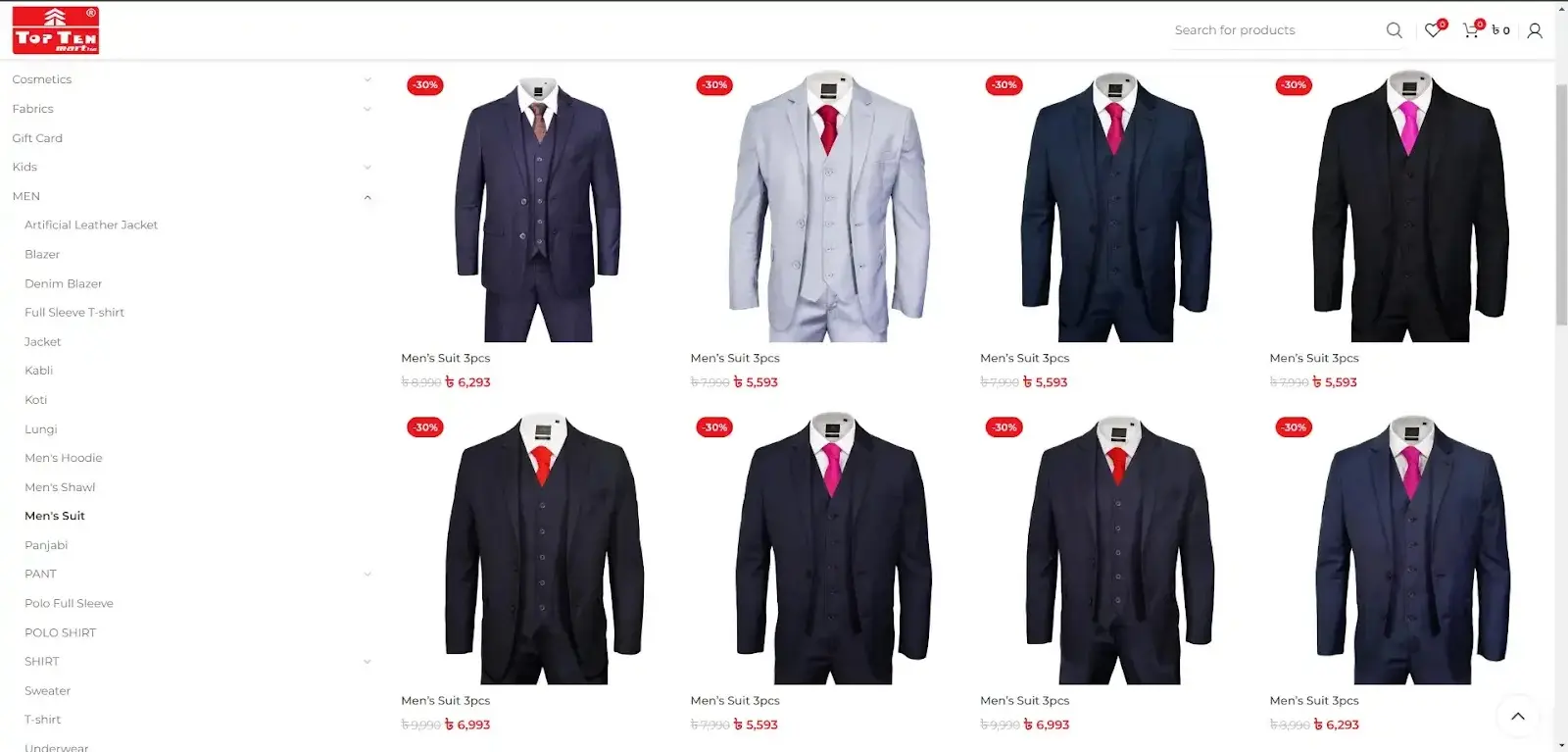 Website displaying men's suits with a 30% discount. Features various suits with different tie colors. Prices shown in red, creating a stylish tone.