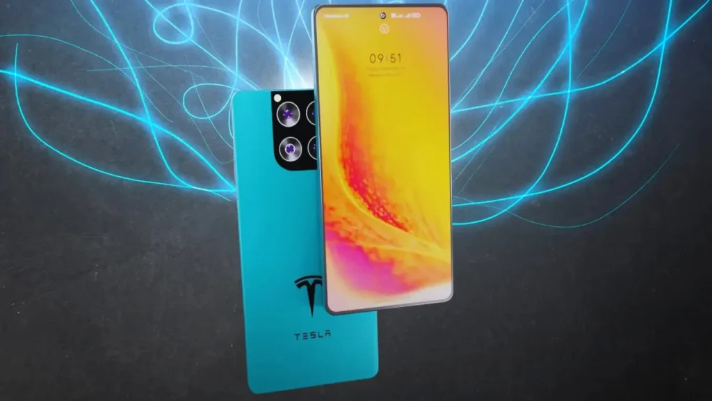 Sleek smartphone with orange and pink display, blue back and triple camera. The Tesla logo is visible. Blue light swirls create a futuristic vibe. Tesla Pi Phone.