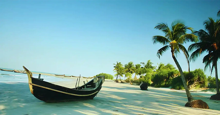 A wooden boat rests on a serene tropical beach beside lush palm trees under a clear blue sky, evoking a calm, tranquil atmosphere.
