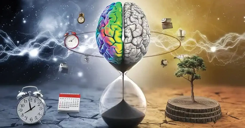 Surreal image of a colorful brain in an hourglass, dividing two worlds. Left: dark, clocks, calendar; right: bright, tree, books. Time and mind themes.