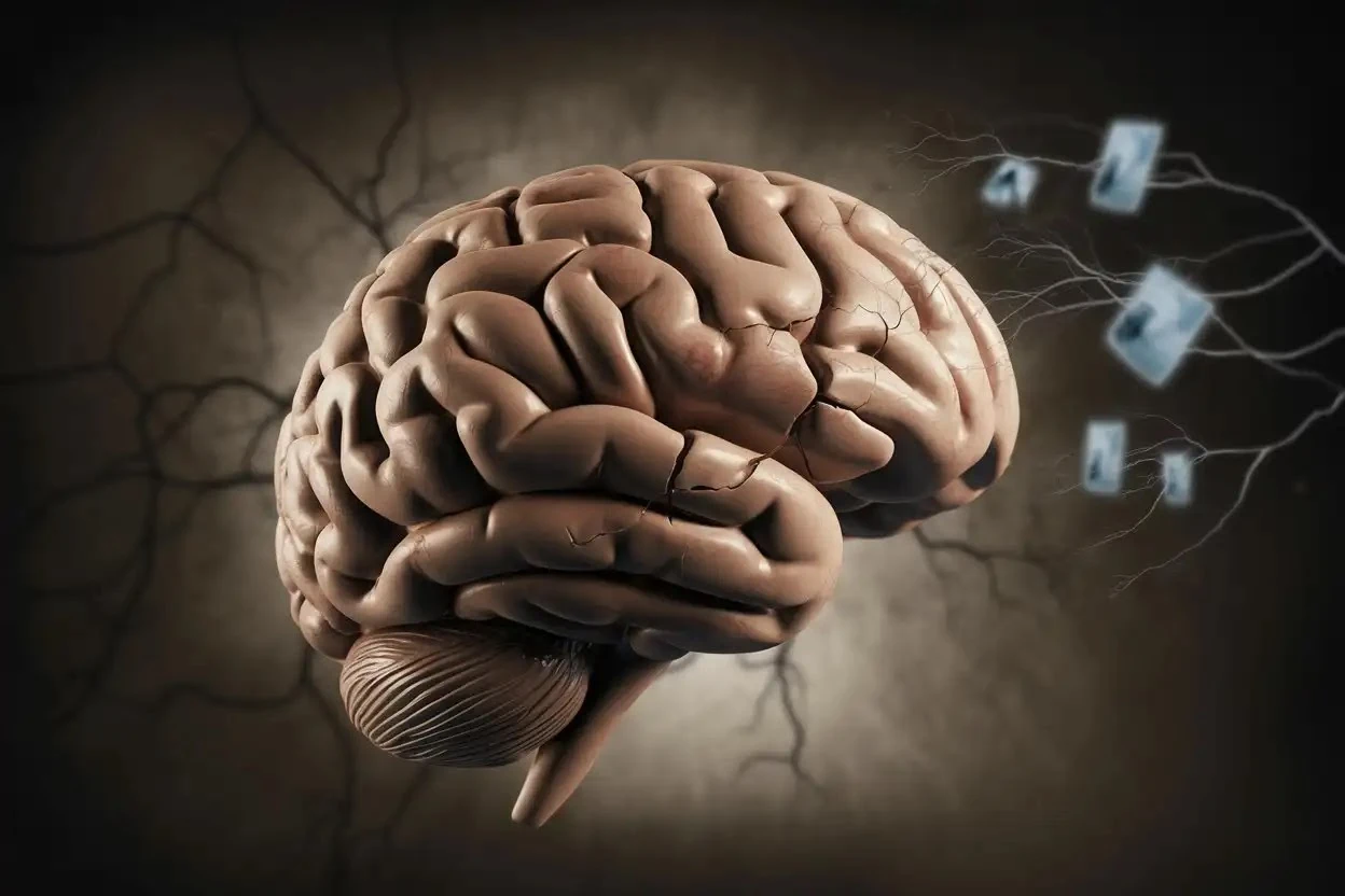 A realistic human brain with cracks and exposed nerves extending to floating images on the right, set against a dark, abstract background. The scene conveys fragility. মস্তিষ্কের বয়স কত
