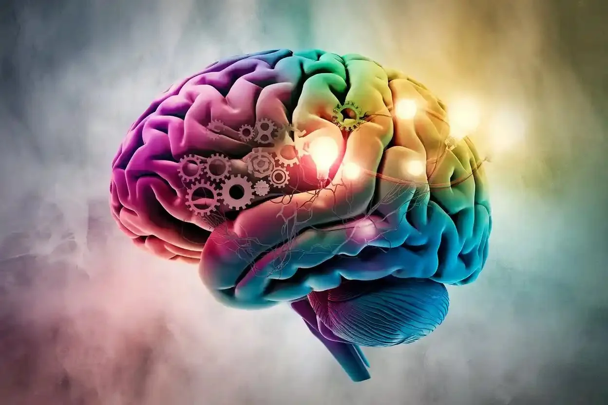 Illustration of a human brain, vibrant in rainbow colors, with gears symbolizing thought processes and glowing points representing neural activity.