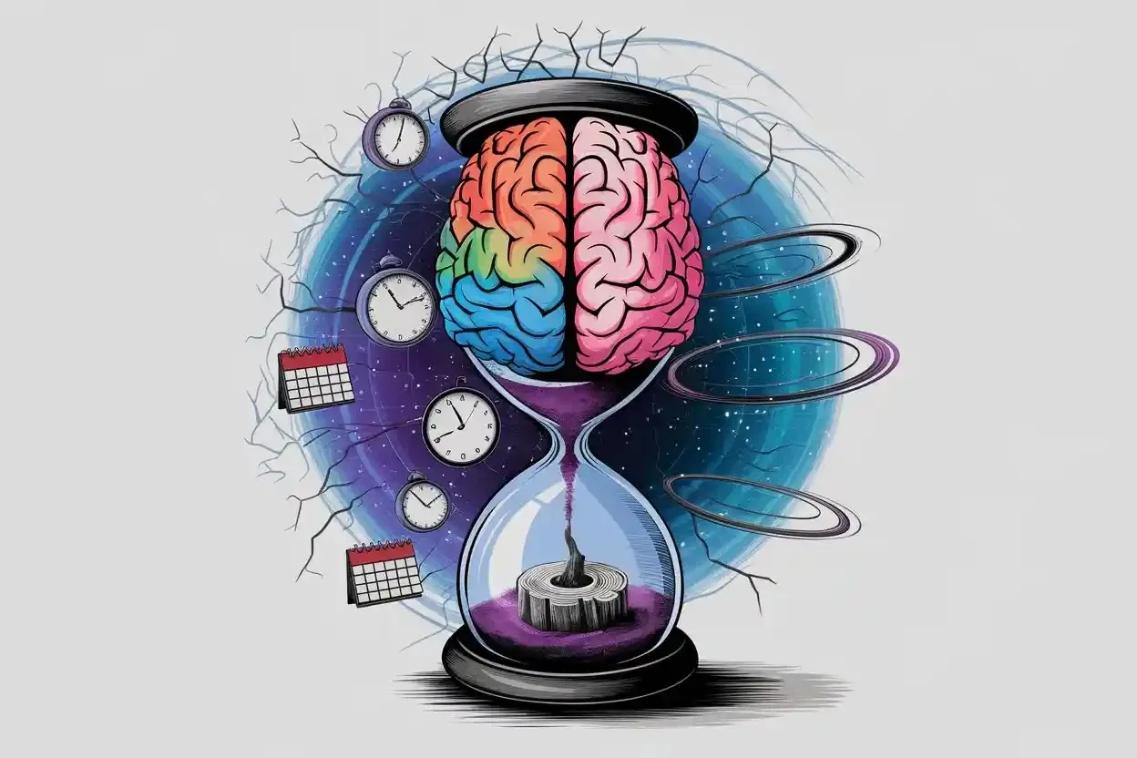 Surreal image of a colorful brain within an hourglass, surrounded by clocks and calendars, over a cosmic background, symbolizing time and cognition.