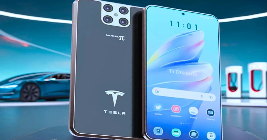 Sleek smartphone with a quad-camera setup and "Tesla" logo next to the screen. Futuristic background features a blue car and charging stations. Tesla Pi Phone