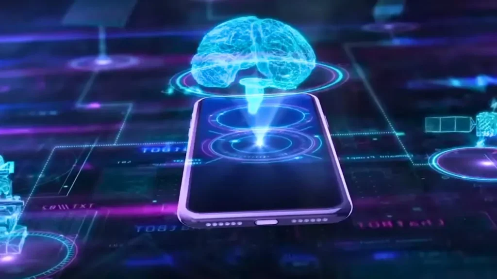 A digital brain hologram emerges from a glowing smartphone in a futuristic setting, symbolizing AI technology. The scene radiates a tech-savvy, innovative atmosphere.