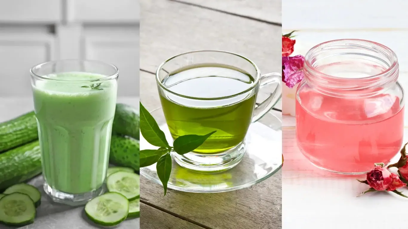 Three drinks displayed: A frothy green cucumber smoothie with fresh slices, a clear green tea in a glass cup with leaves, and pink rose water in a jar. "বরফ ফেসিয়াল বা আইস ফেসিয়াল"