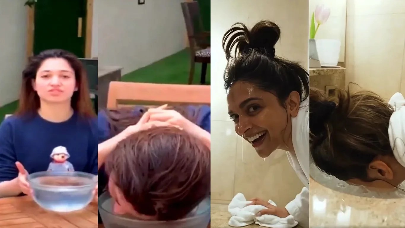 Woman on left holds a bowl of water, with a neutral expression. Another woman on right smiles, face wet, near a sink, conveying a playful tone. "বরফ ফেসিয়াল বা আইস ফেসিয়াল"