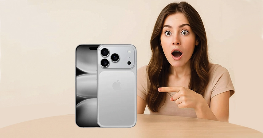 A woman with a surprised expression points at the new smartphone in front of her. The phone features a sleek design with three camera lenses. Apple iPhone 17 Pro Max release date.