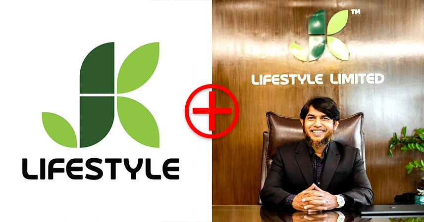 Split image with "JK LIFESTYLE" logo featuring green leaves on the left and a smiling man named Dr. Jahangir Kabir in a suit at a desk on the right. The tone is professional.