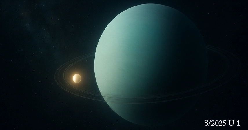 A blue-green planet with subtle rings is seen against a starry background, alongside a smaller, glowing celestial body. Text reads S/2025 U1.