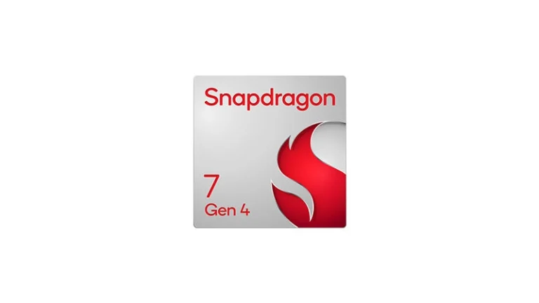 Silver square with "Snapdragon" in red at the top, stylized red "S" logo on the right, and "7 Gen 4" in red at the bottom left. Modern and sleek design.