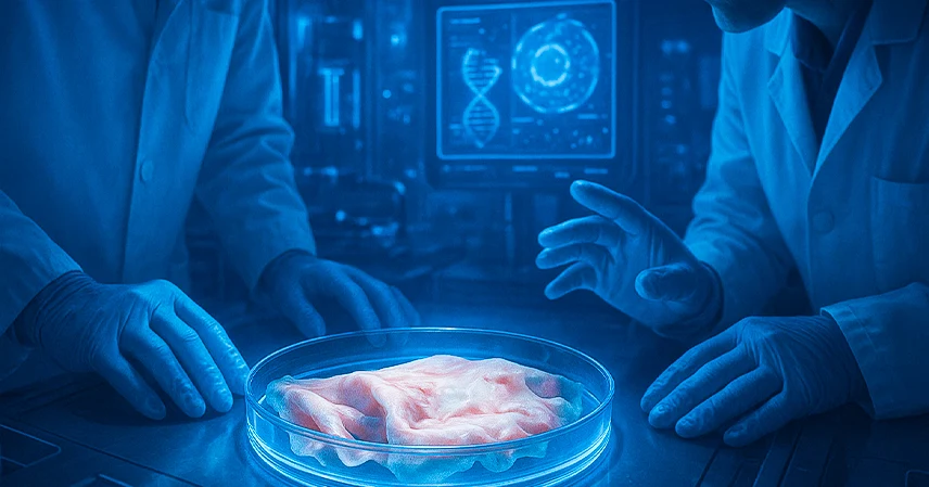 Scientists in lab coats and gloves examine a Petri dish with Stem cells artificial skin image, set against screens displaying DNA structures, in a futuristic lab setting. স্টেম সেল দিয়ে আবিষ্কার হলো কৃত্রিম মানব ত্বক.