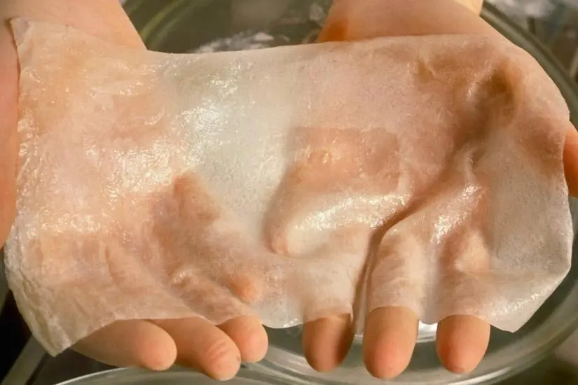 Close-up of hands holding a translucent, flexible sheet resembling Stem cells artificial skin. The texture is smooth and slightly shiny, evoking curiosity and intrigue.
