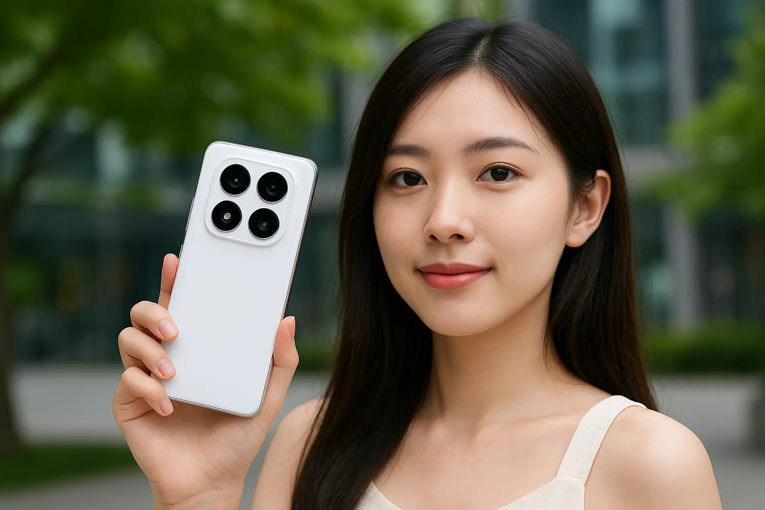 Young woman outdoors smiling, holding a white smartphone with four large camera lenses, against a blurred background of trees and a building.