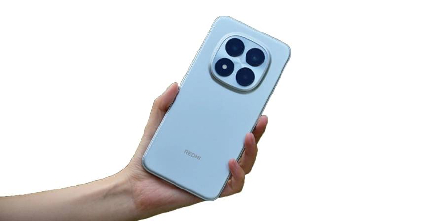 A hand holds a sleek white smartphone with a prominent quad-camera setup on the back. The phone's minimalist design conveys modernity and sophistication.