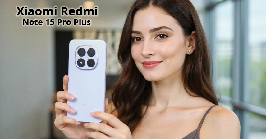 A woman smiling holds a white Xiaomi Redmi Note 15 Pro Plus smartphone, showcasing its quad-camera setup. The setting is bright and modern.