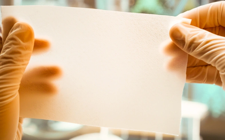 Gloved hands hold a translucent, flexible, white sheet, possibly biotech or medical material, against a softly blurred background, conveying precision and care. স্টেম সেল দিয়ে আবিষ্কার হলো কৃত্রিম মানব ত্বক.