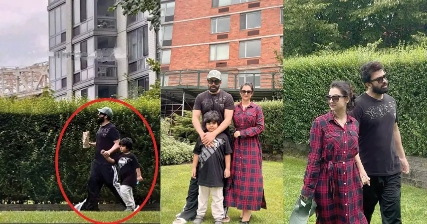 A family of three is enjoying a garden walk. The man wears a black T-shirt and cap, while the woman is in a red checkered dress. They look relaxed and content. despite divorce rumors shakib bubly spotted together in new york. শাকিব বুবলীর.