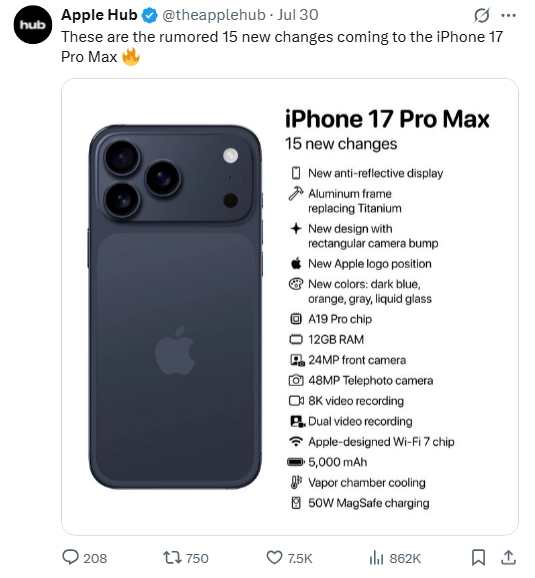Tweet by Apple Hub showing rumored iPhone 17 Pro Max changes. Image of the phone with a list detailing updates, including new colors, camera improvements, and an anti-reflective display.