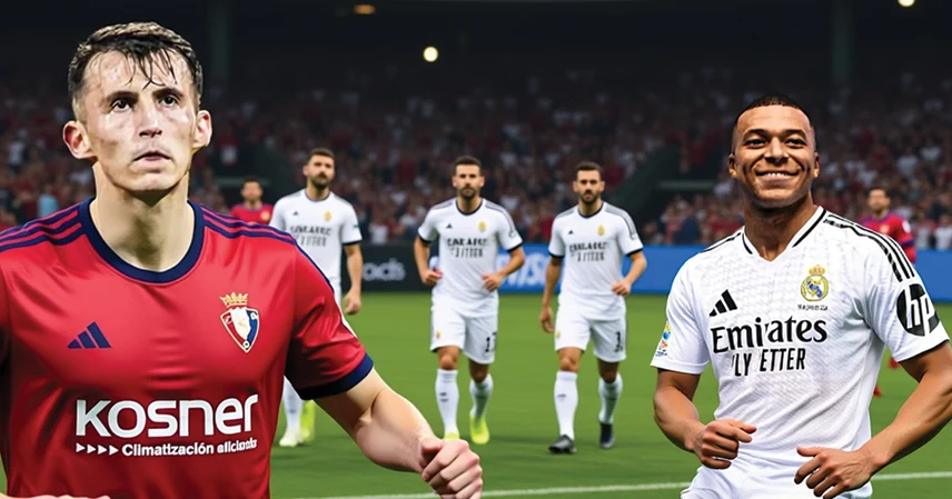 A soccer player in a red jersey looks focused, while another in white smiles. Teammates in the background convey determination on a vibrant field. real madrid vs ca osasuna timeline.