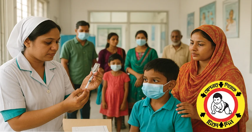 A nurse prepares a vaccine in a clinic, with masked families waiting. The mood is attentive and serious. A yellow health campaign logo is visible. “vaxepi gov bd registration 2025”