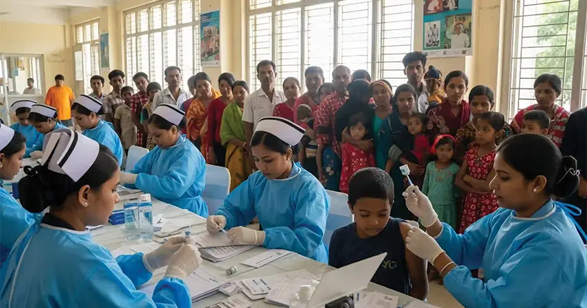 Nurses in blue attire prepare vaccinations at a table, while a diverse crowd of adults and children wait in a brightly lit room, conveying a sense of community and care.