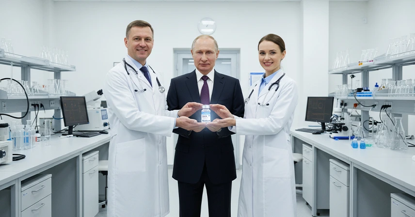 Two doctors in lab coats hold a glass container together in a modern lab, flanking an official in a suit, suggesting collaboration and innovation. Russian Cancer Vaccine.