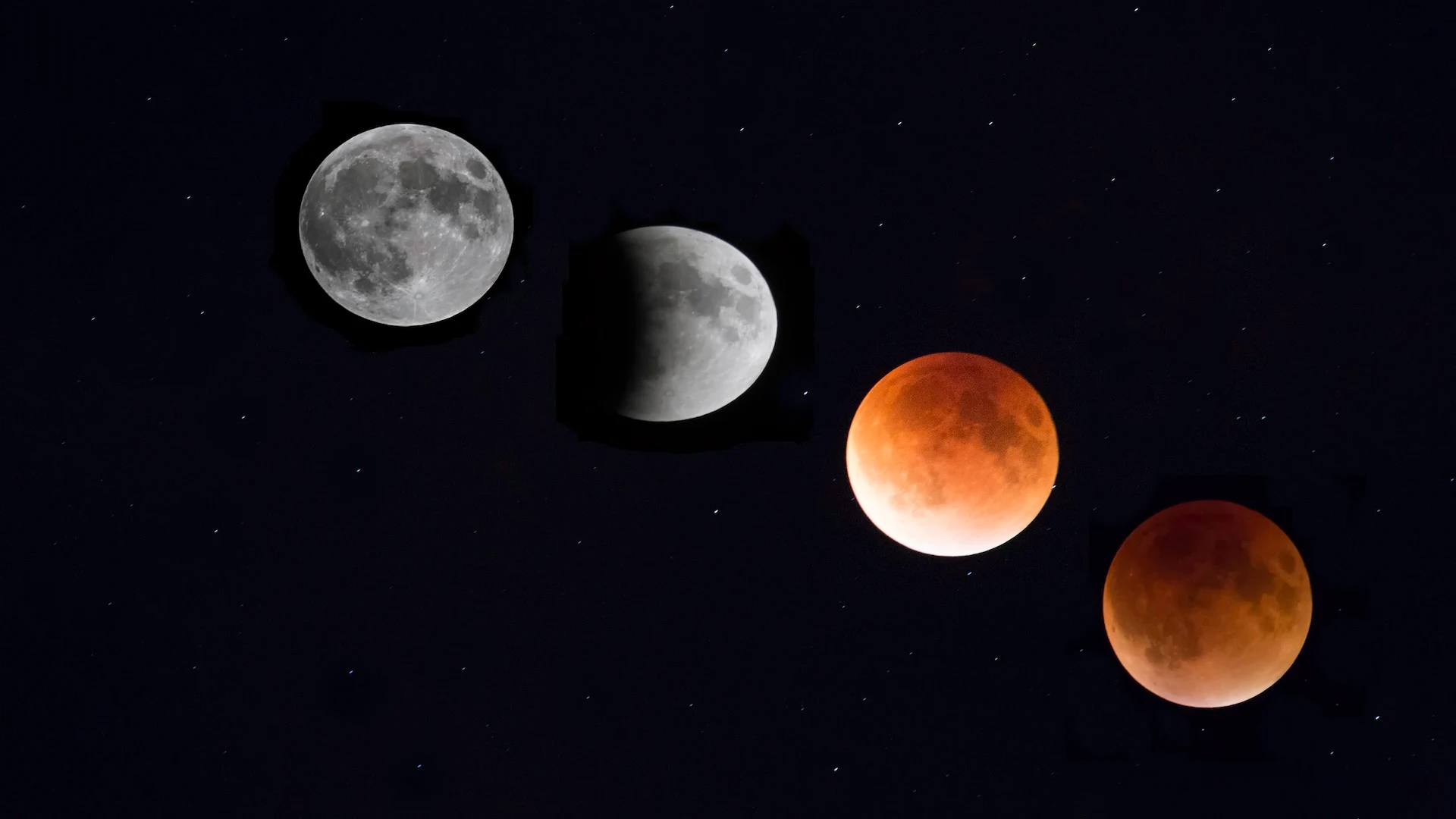 A sequence of four moon phases during a lunar eclipse against a starry night sky. The transition goes from full moon to red-hued blood moon.