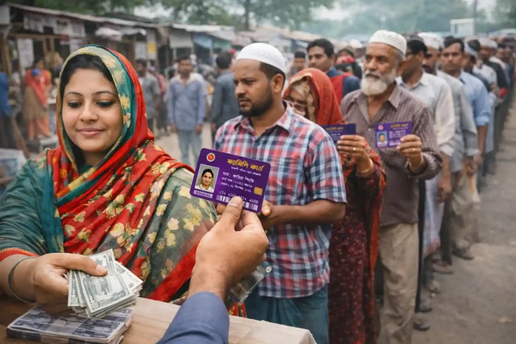 People in line receiving family identification cards.