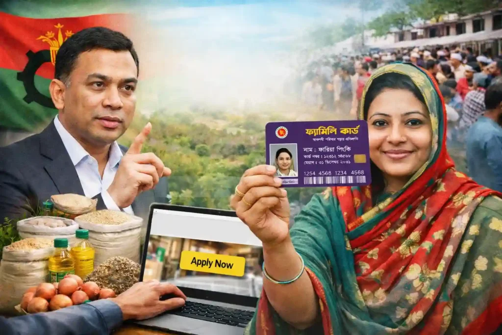 A woman in a colorful headscarf holds a card, smiling confidently. A man gestures near a laptop with "Apply Now" displayed, against a backdrop of market goods and a busy street scene. The tone is informative and encouraging.