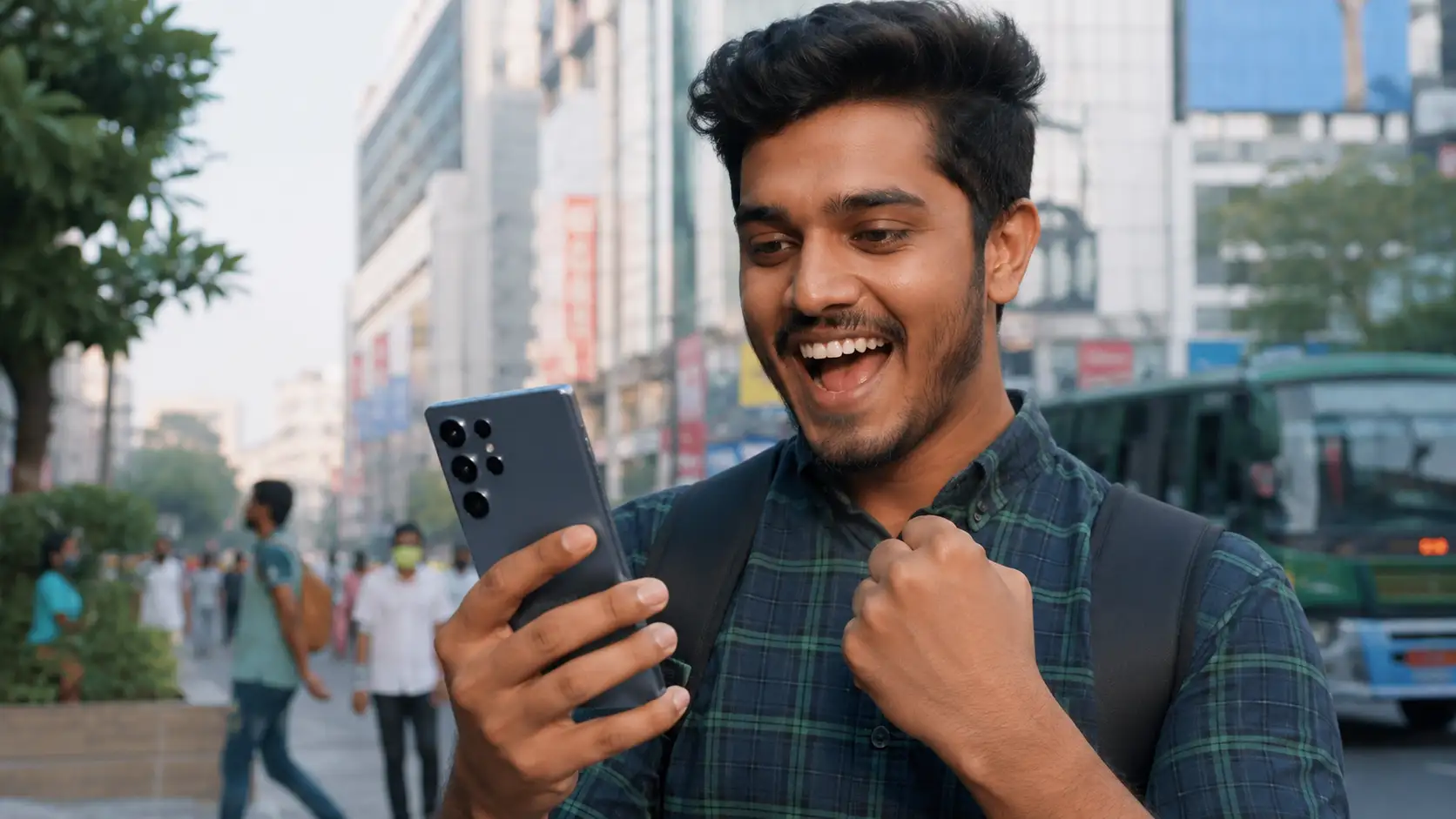 দক্ষিণ এশিয়ার এক যুবক স্যামসাং ফোনে আপডেট যাচাই করছেন। Samsung One UI 8.5 update